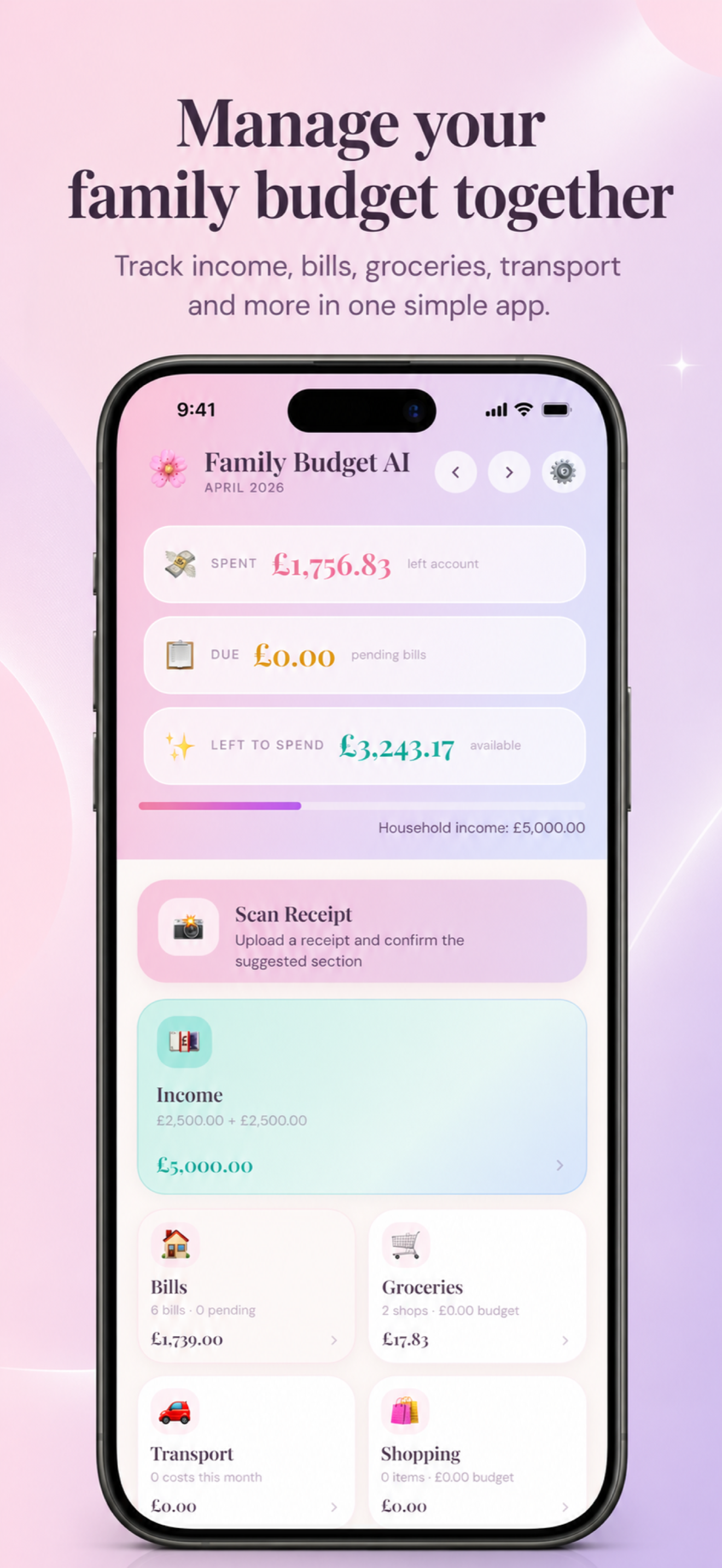 Family Budget AI household dashboard app screen