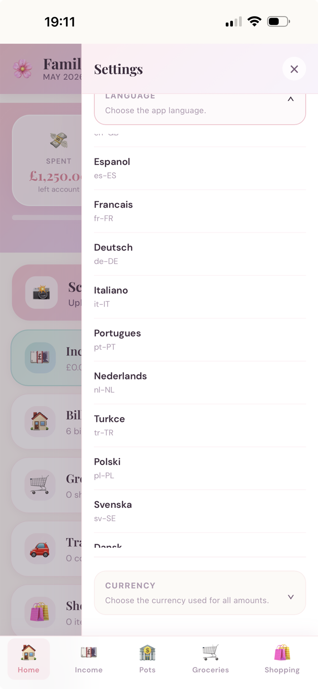 Family Budget AI language and currency settings screen