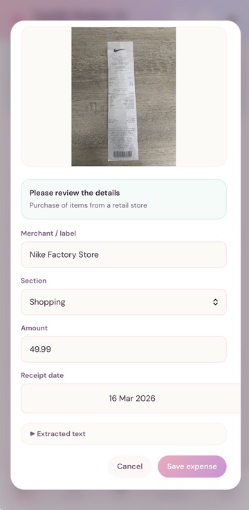 Family Budget AI receipt scanner review screen